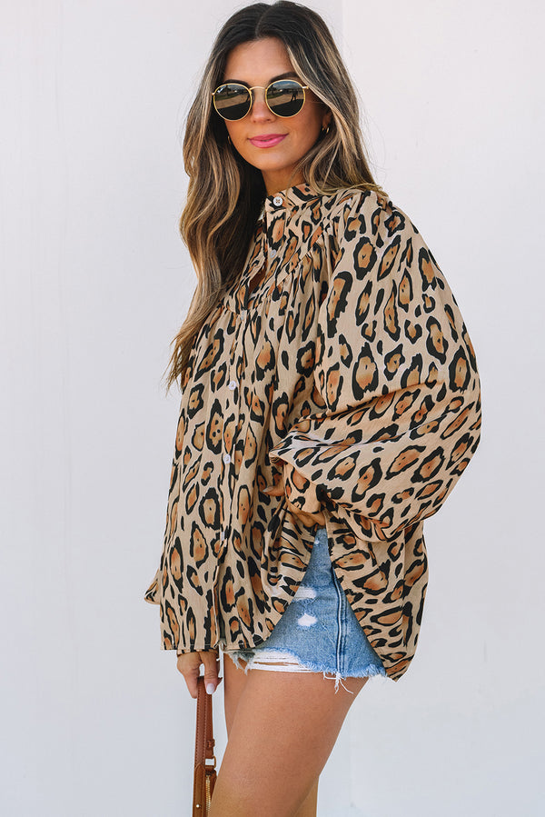 French Oversized Leopard Print Balloon Sleeve Casual Shirt