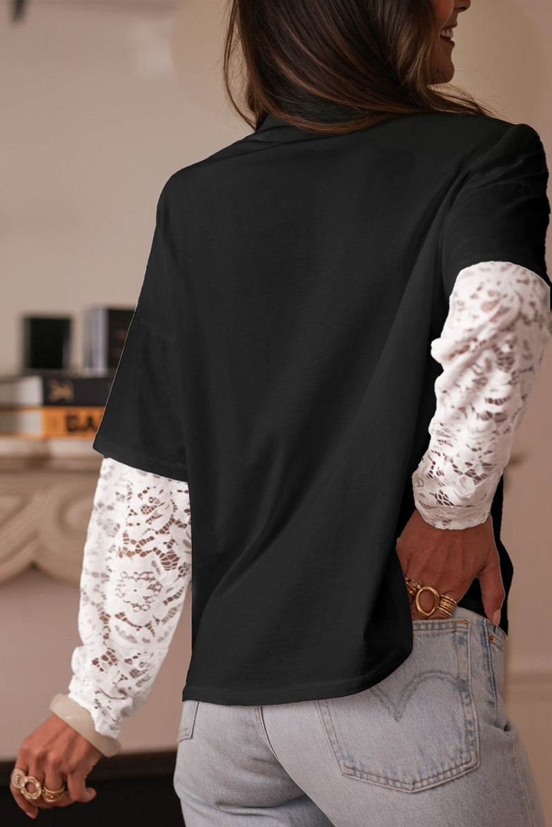 Lace Long Sleeve Insert Drop Shoulder Tee