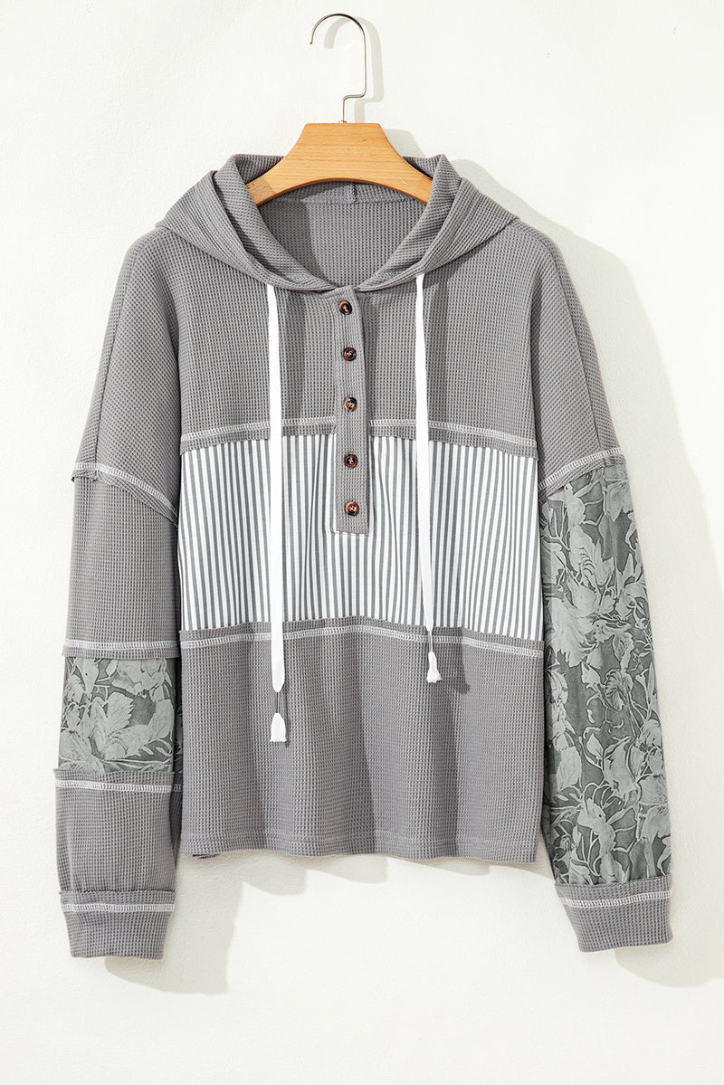 Waffle Printed Patchwork Drawstring Hooded Long Sleeve Top