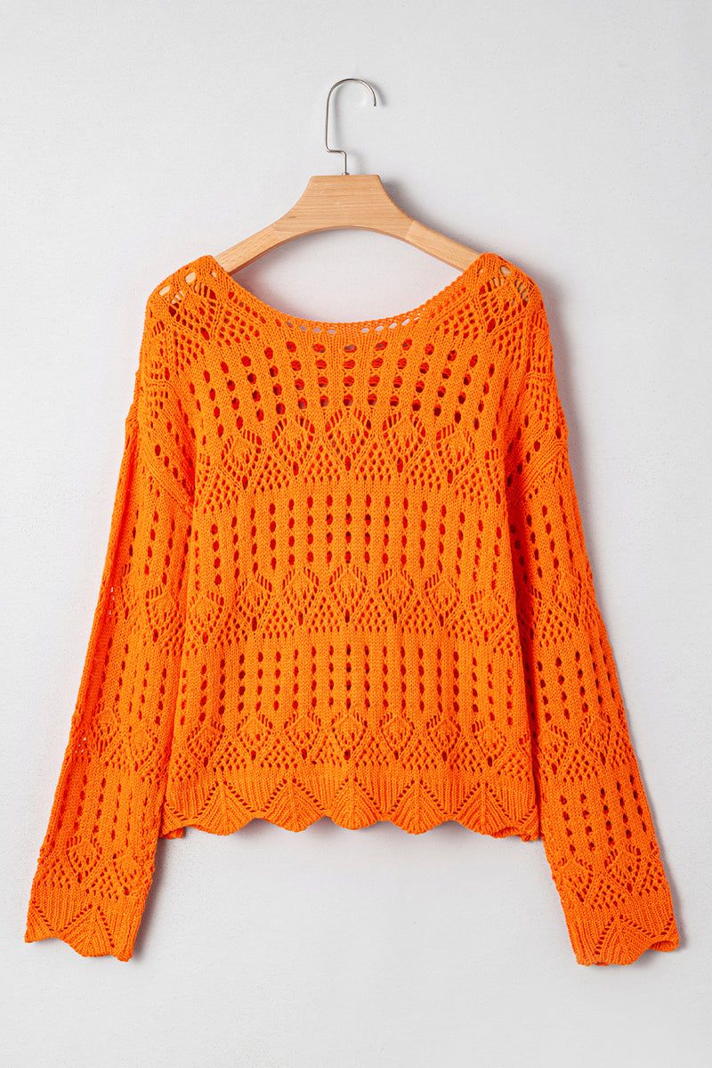Orange Solid Color Open Crochet Scallop Edge Sweater