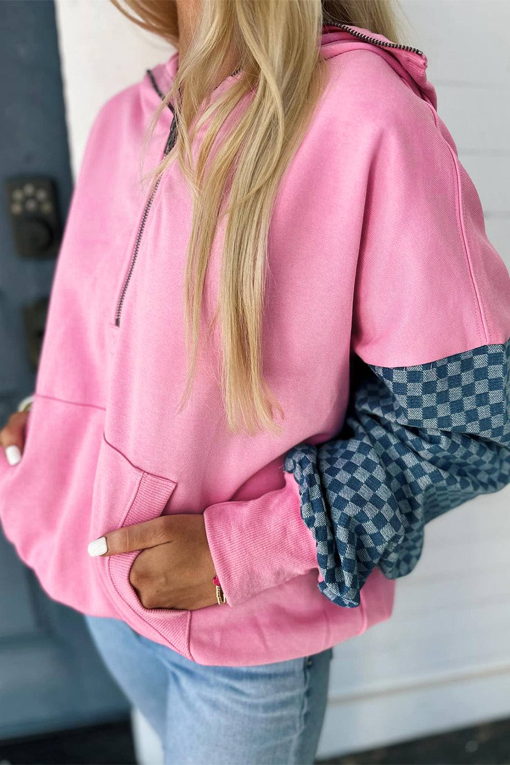 Checkered Patchwork Kangaroo Pocket Half Zipper Hoodie