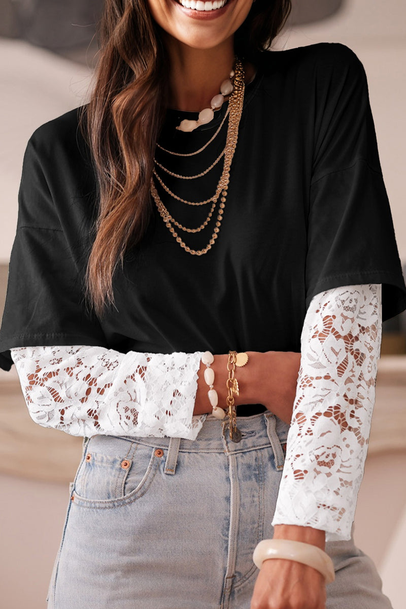 Lace Long Sleeve Insert Drop Shoulder Tee