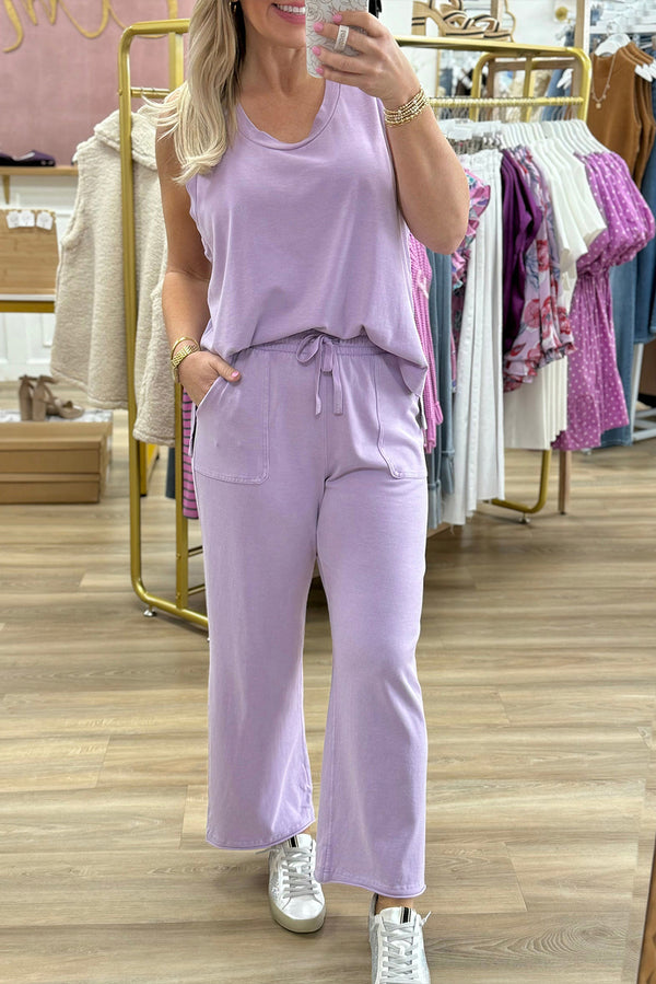 Mineral Wash Casual Round Neck Tank and Straight Loose Drawstring Pants Set