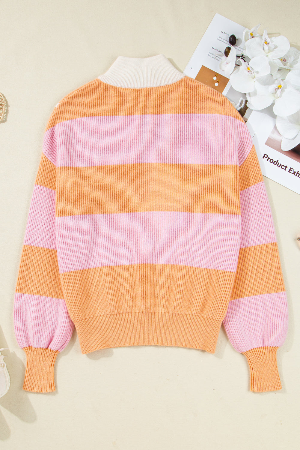 Stripe Colorblock Half Zip Oversize Sweater