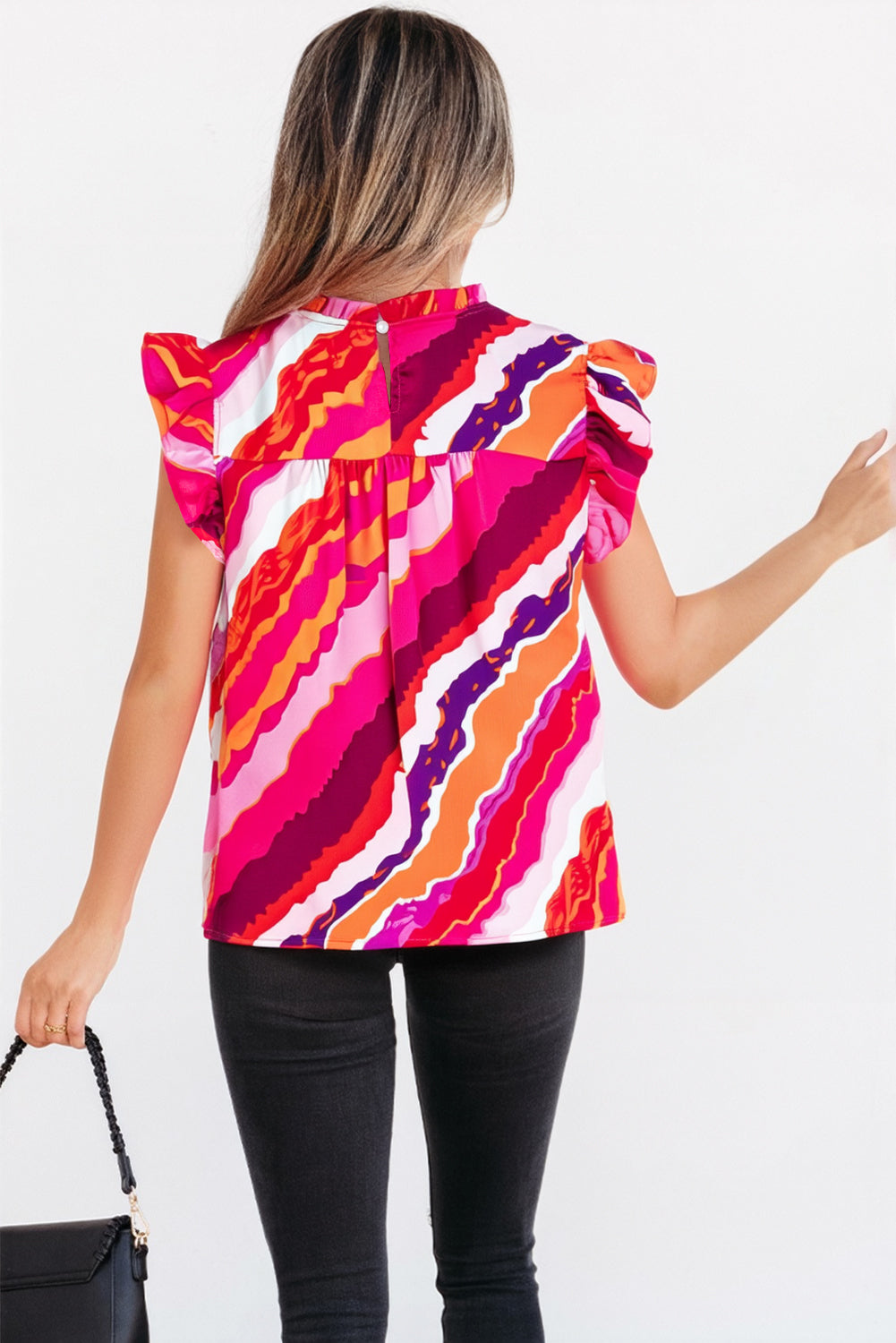 Abstract Print Shirred Yoke Ruffled Blouse