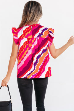 Abstract Print Shirred Yoke Ruffled Blouse