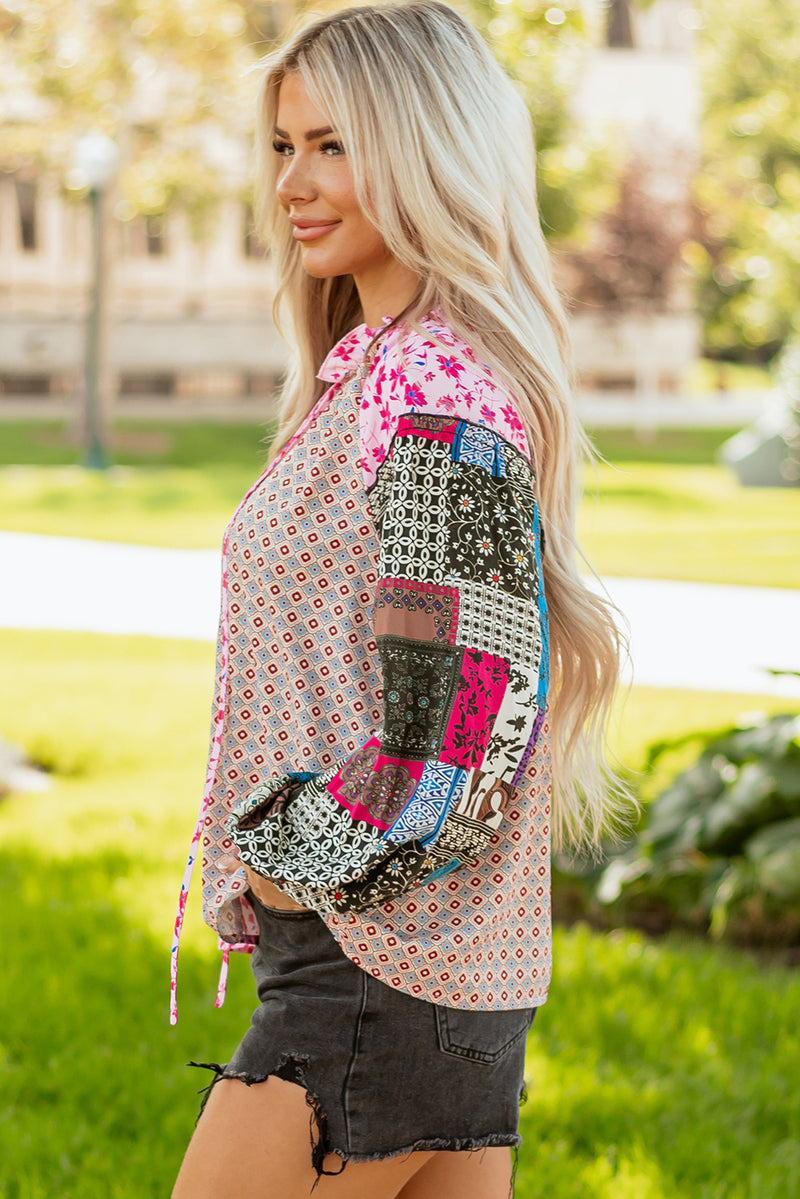 Boho Mixed Floral Drop Shoulder Bubble Sleeve Blouse