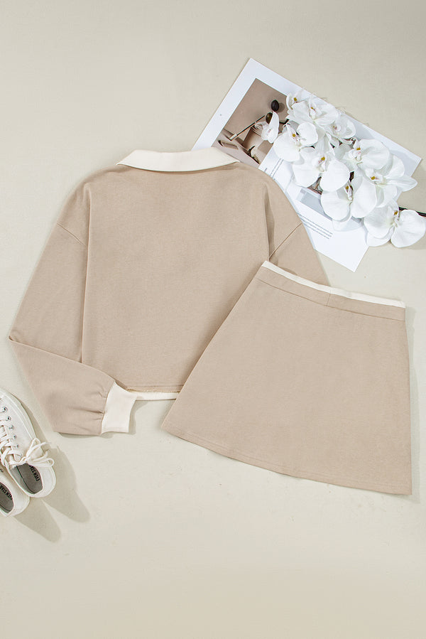 Edge Detail Colorblock Patchwork Cropped Pullover Drawstring Skirt Set