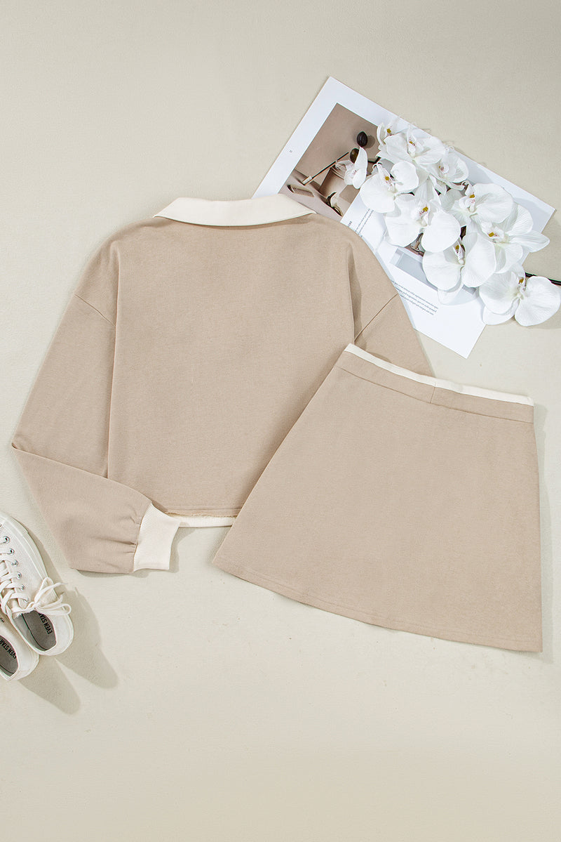 Edge Detail Colorblock Patchwork Cropped Pullover Drawstring Skirt Set