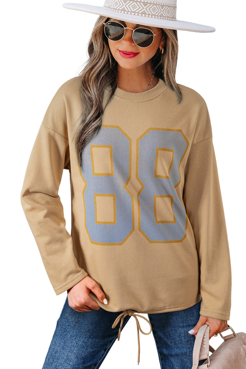 Number Graphic Drawstring Hemline Oversize Long Sleeve Top