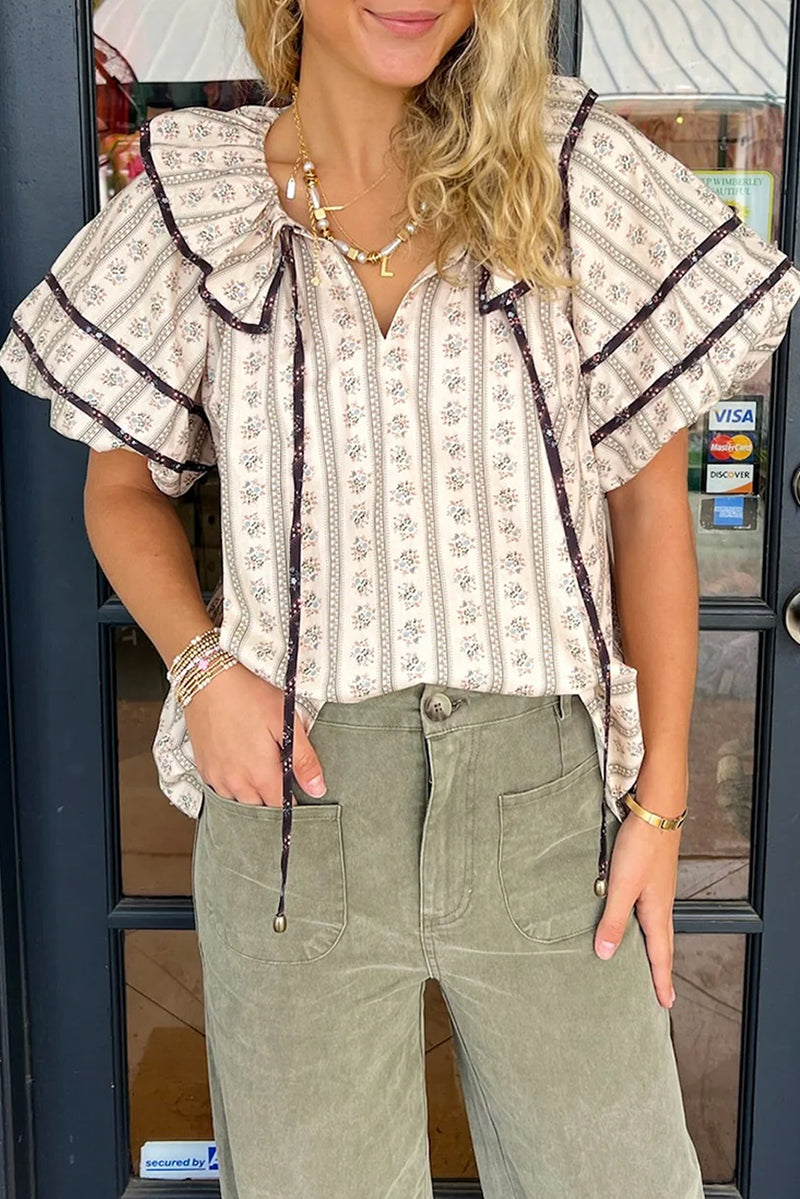 Floral Ruffled Collar Short Puff Sleeve Printed Blouse