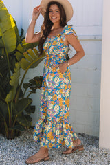 Floral Allover Print Shirred Cut Out High Waist Jumpsuit