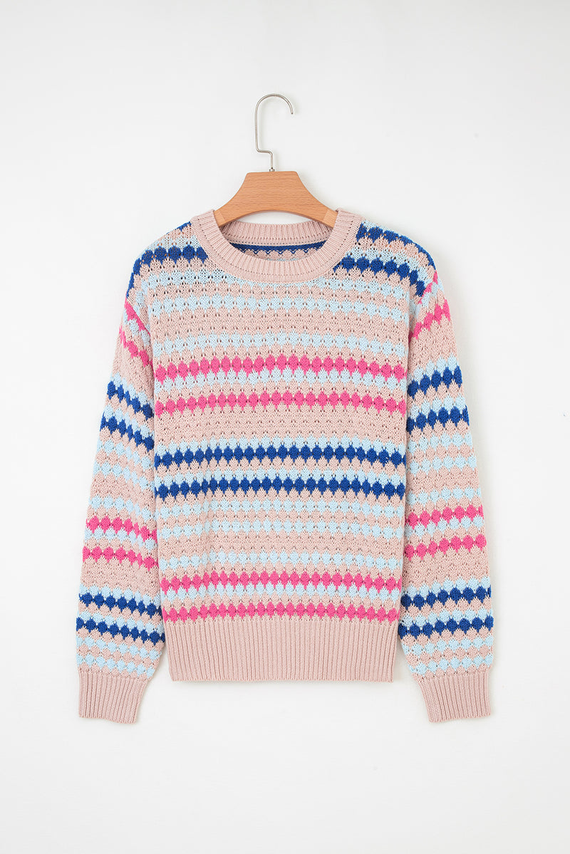 Stripe Eyelet Patterned Drop Shoulder Sweater
