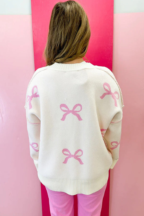 Bow Print Ribbed Trim Exposed Seam Drop Shoulder Loose Sweater