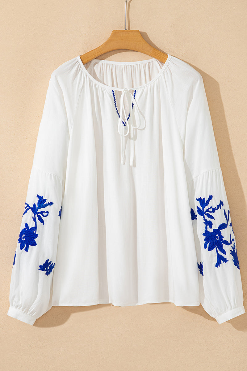Floral Embroidered Drawstring V Neck Blouse
