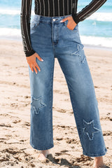 Star Patchwork Cropped Wide Leg High Waist Jeans