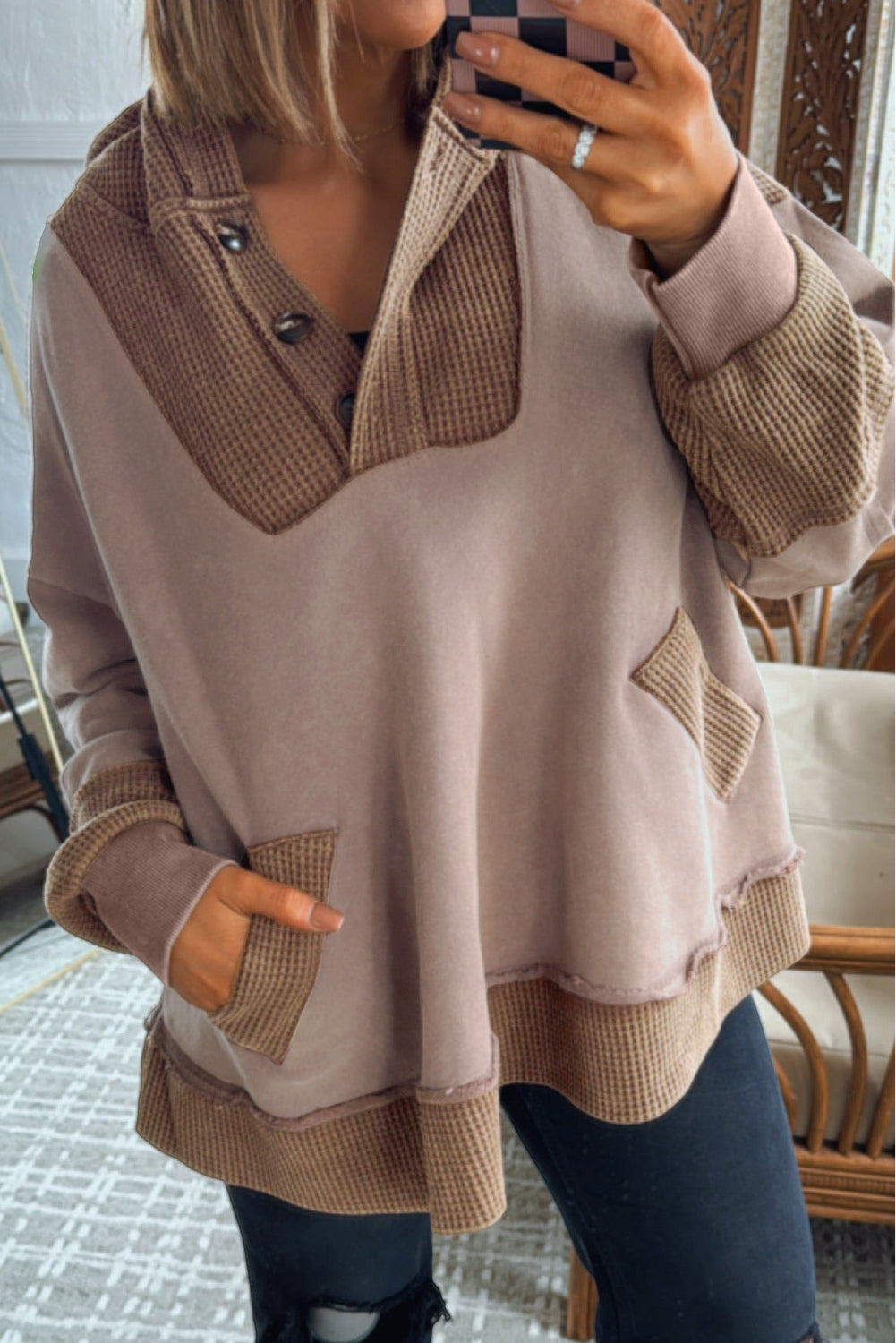 Waffle Contrast Patchwork Plus Size Pocketed Hoodie