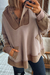Waffle Contrast Patchwork Plus Size Pocketed Hoodie