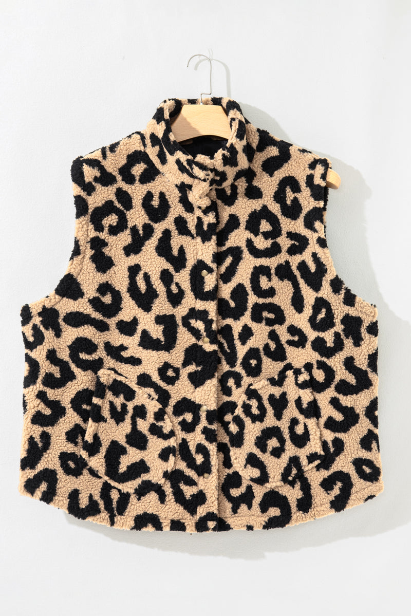 Leopard Sherpa Button Front Collared Plus Size Vest Jacket