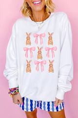 Easter Bunny Bow Print Round Neck Pullover Sweatshirt