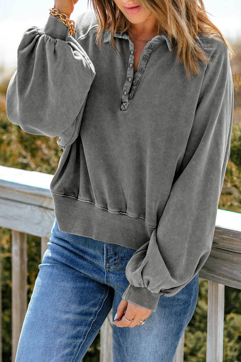 Solid Washed Snap Buttons Lantern Sleeve Pullover Sweatshirt