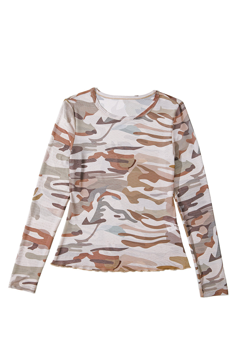 Western Fashion Camouflage Print Mesh Long Sleeve Top