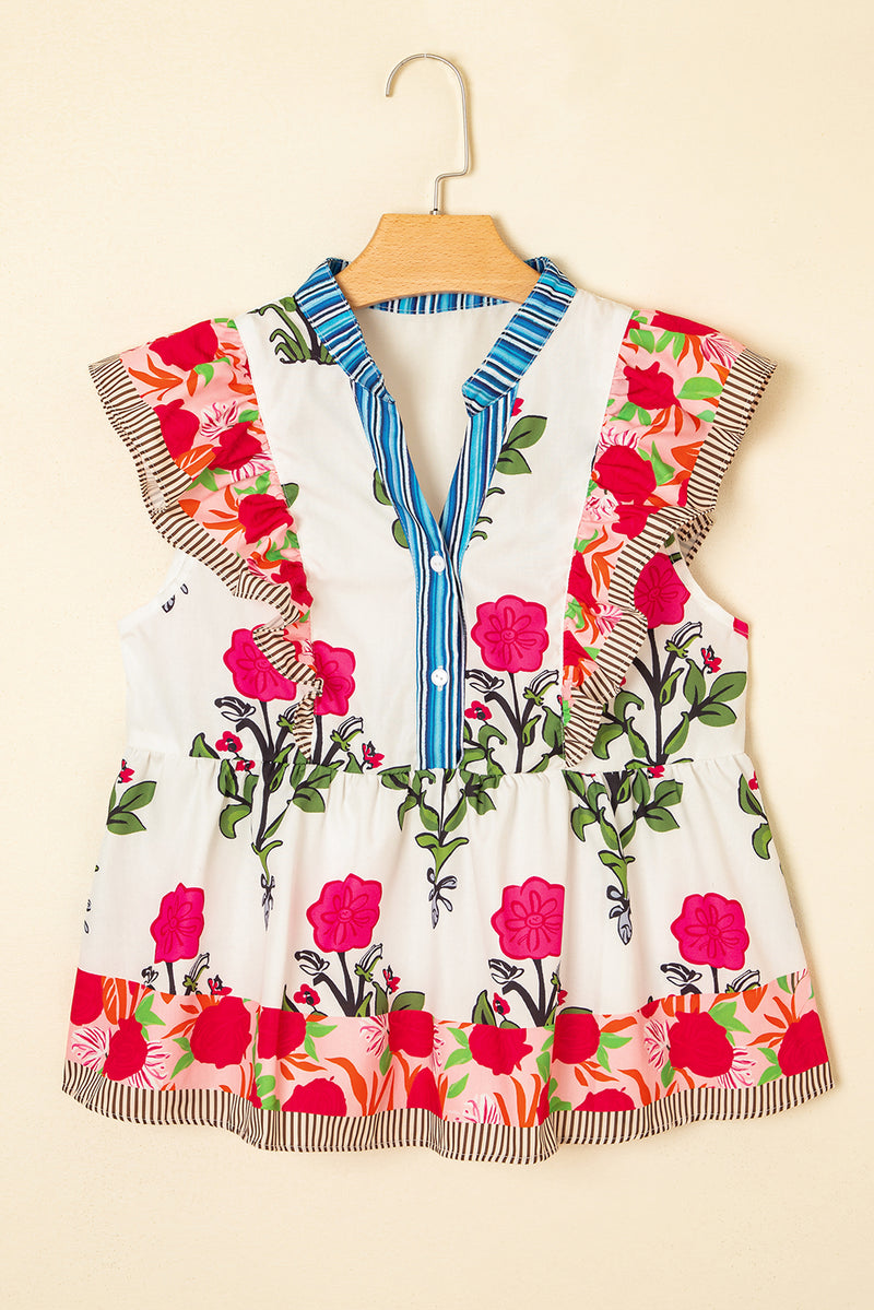 Floral Print Tie Neck Striped Detail Flutter Sleeve Blouse
