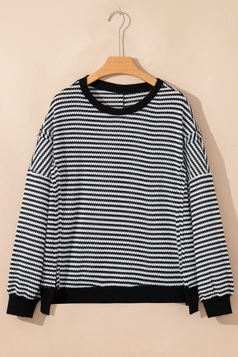 Stripe Ribbed Trim Drop Shoulder Long Sleeve Oversize Top
