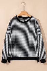 Stripe Ribbed Trim Drop Shoulder Long Sleeve Oversize Top