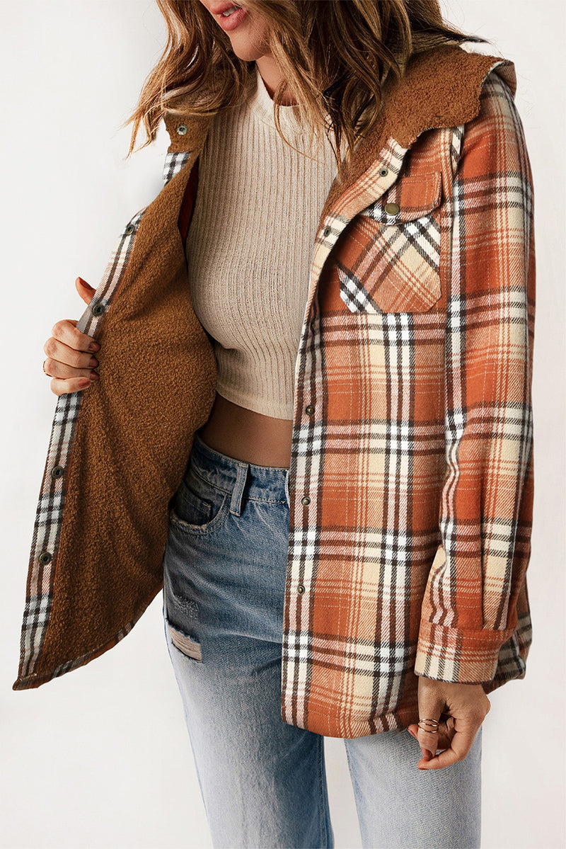 Coats and Jacket Plaid Pattern Sherpa Lined Hooded Shacket