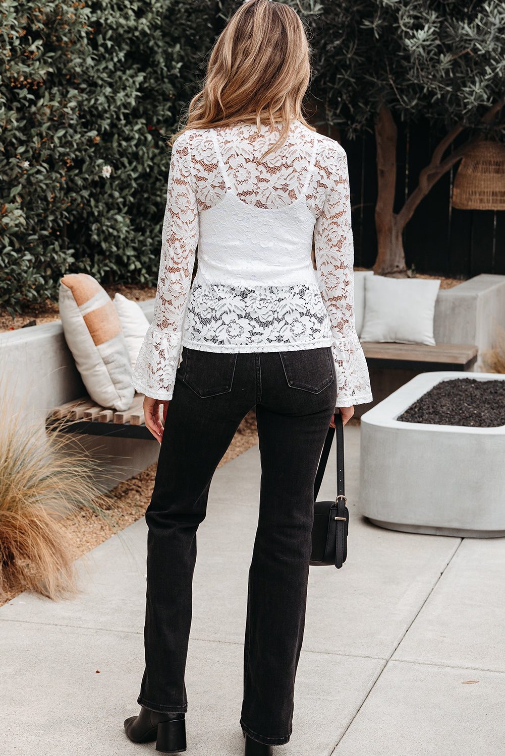 Lace Crochet Bell Sleeve Mock Neck Blouse