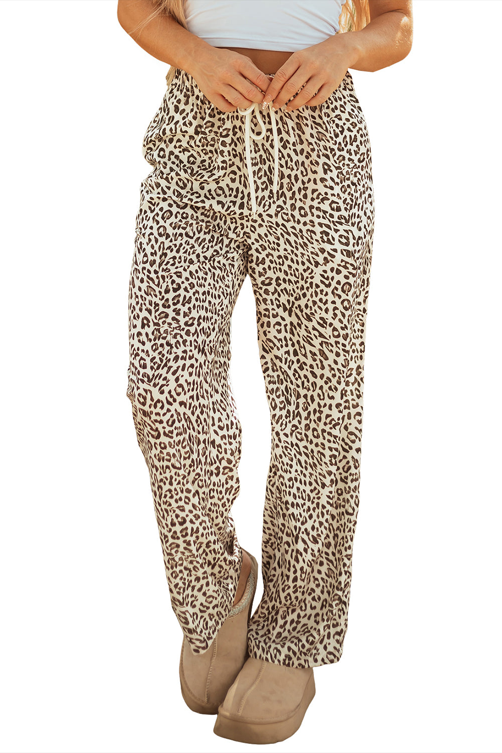 Leopard Drawstring Elastic Waistband Loose Pants