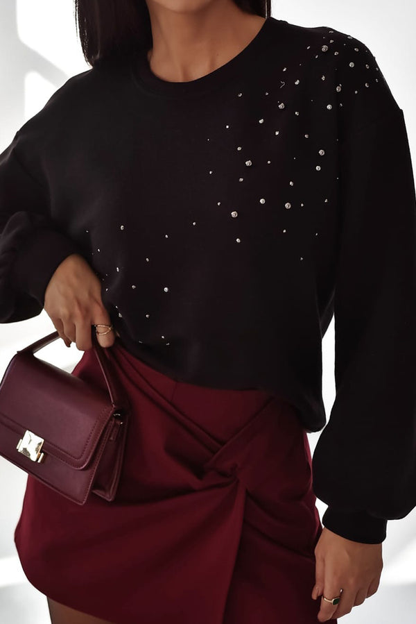 Rhinestone Embellished Drop Shoulder Ribbed Cuffs Wholesale Sweatshirt