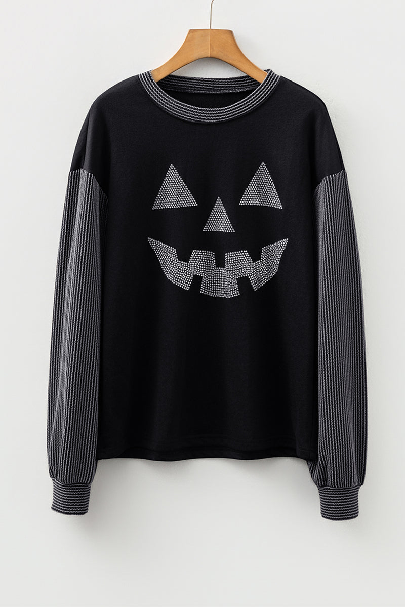 Halloween Rhinestone Pumpkin Face Contrast Ribbed Long Sleeve Patchwork Top