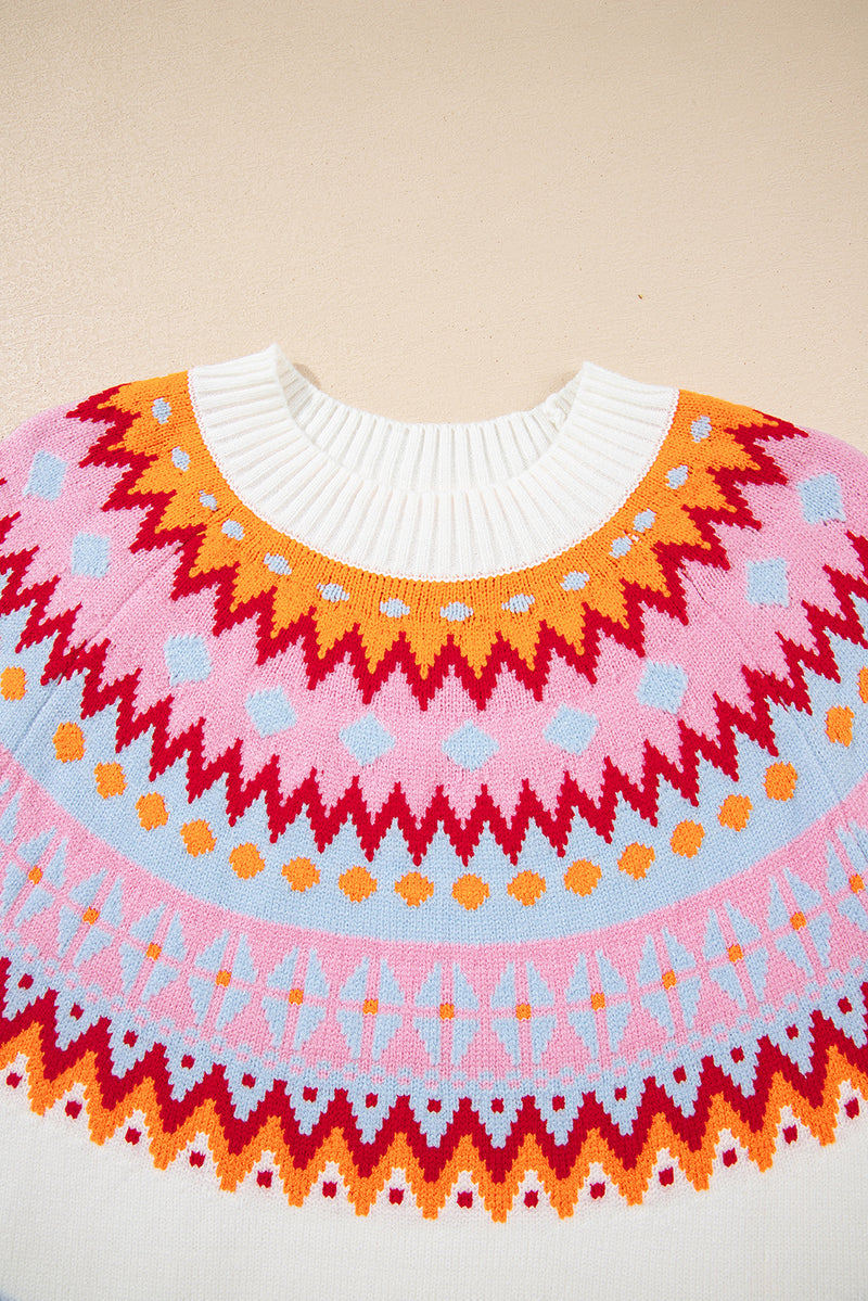 Ethnic Geometric Colorblock Print Drop Shoulder Sweater