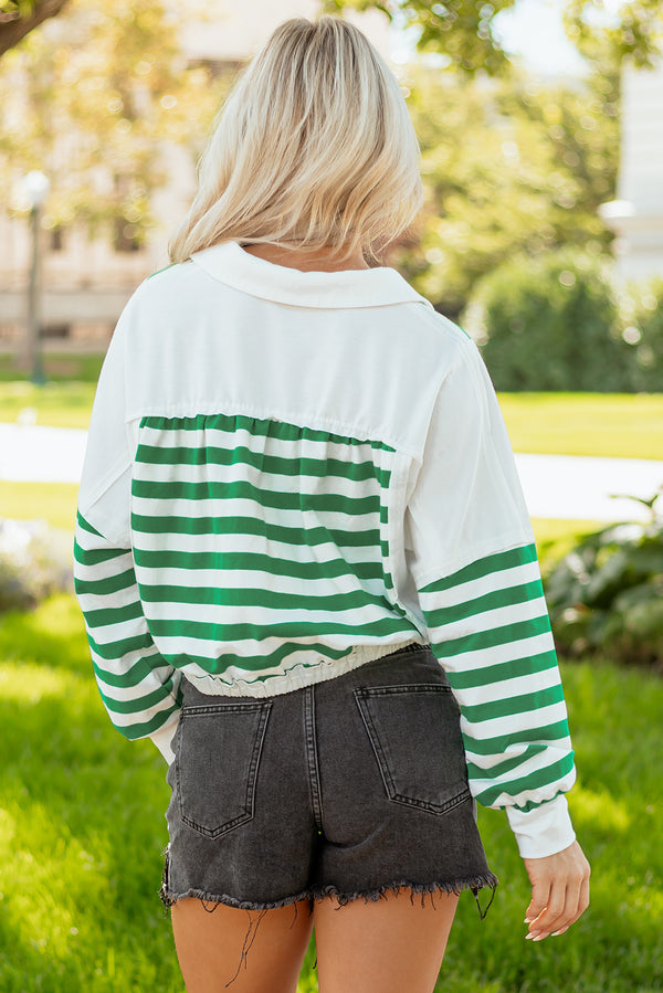 Stripe Colorblock Collared V Neck Cropped Knit Pullover
