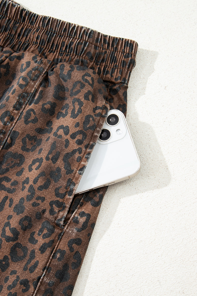 Leopard Print Elastic Waist Drawstring Denim Skort
