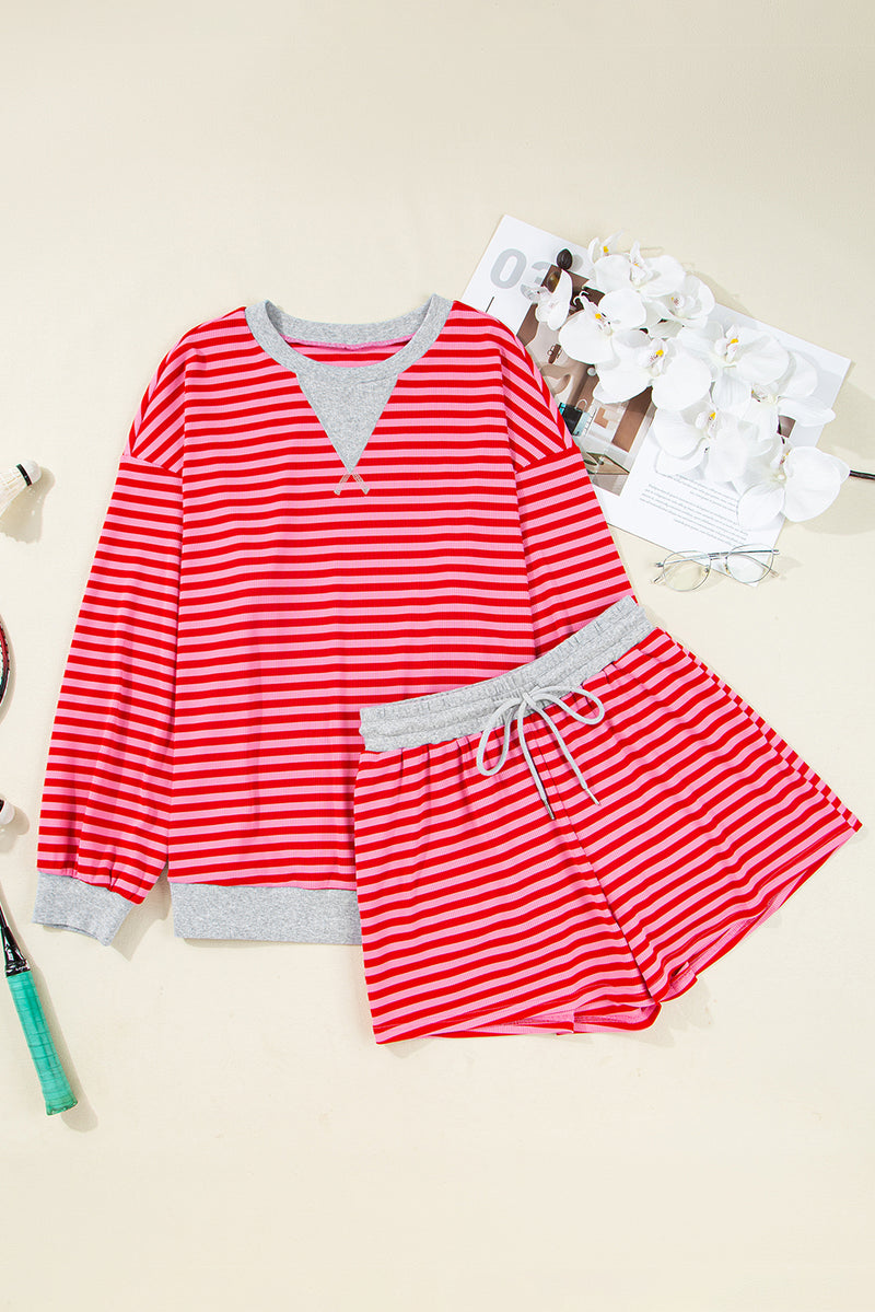 Stripe Drop Shoulder Baggy Pullover and Shorts Casual Set