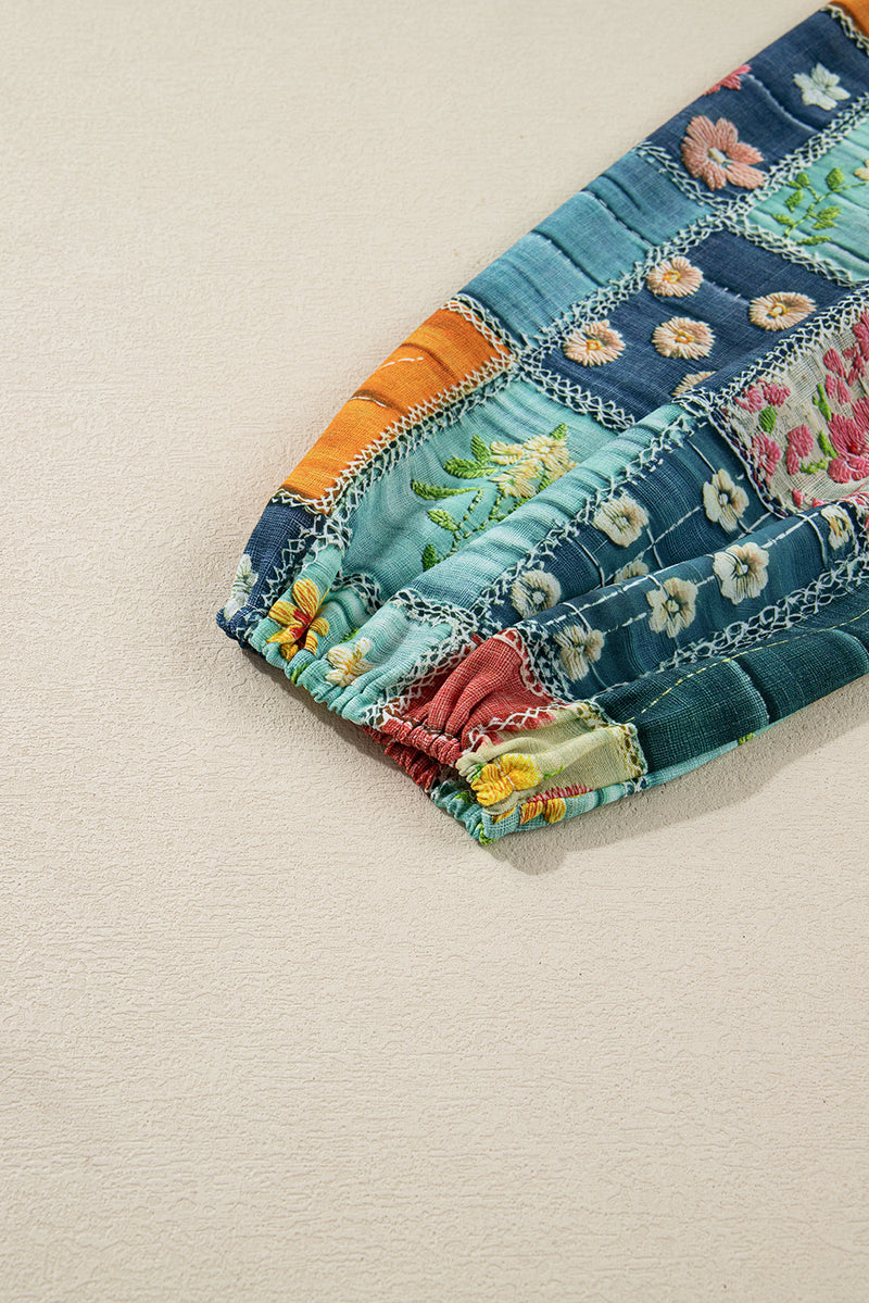 Multicolour Mix Floral Checkered Pattern Bubble Sleeve Ruffle Hem Dress