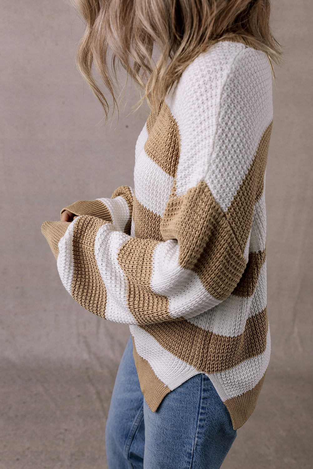 Light French Colorblock Striped Drop Shoulder Side Slit Sweater