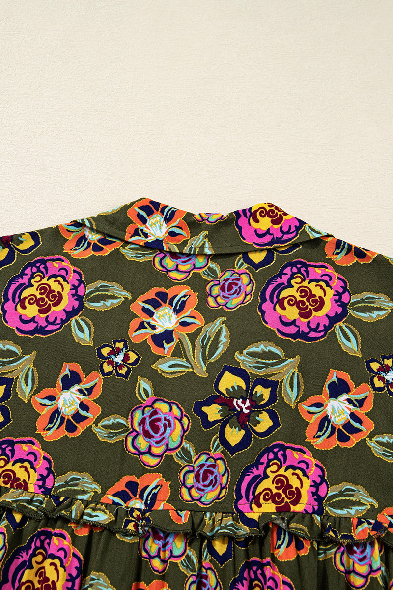 Floral Print Split Neck Bubble Sleeve Shift Mini Dress