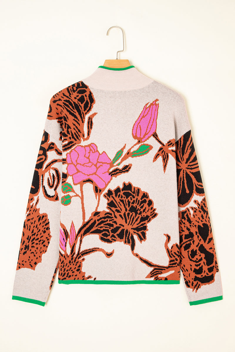 Floral Pattern Knit Quarter Zip Stand Neck Sweater