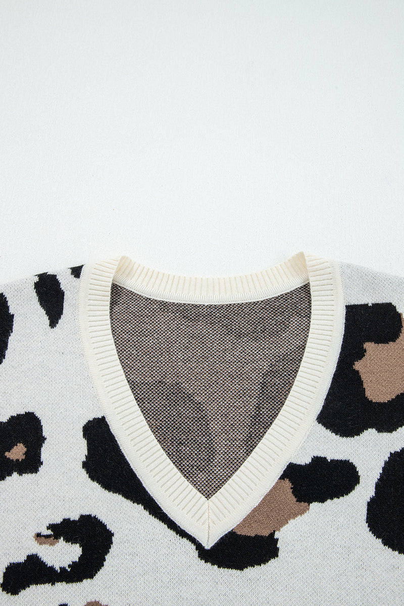 Beige Leopard Print Color Block Patchwork Sleeve V Neck Sweater