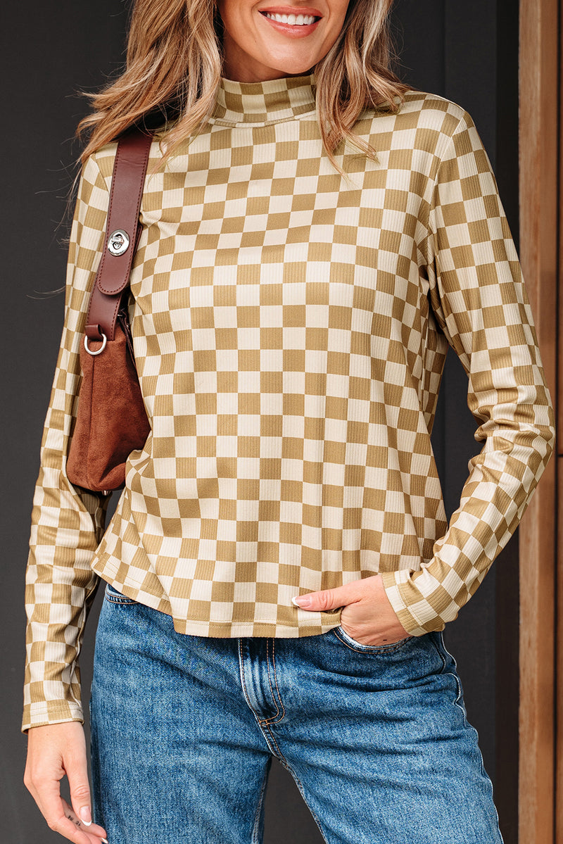 Khaki Check Pattern Turtleneck Ribbed Slim Long Sleeve Tee