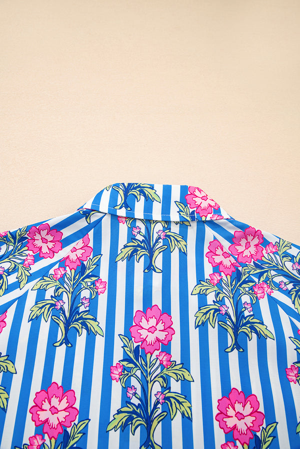 Striped Floral Print Buttoned Cuffs Loose Fit Shirt
