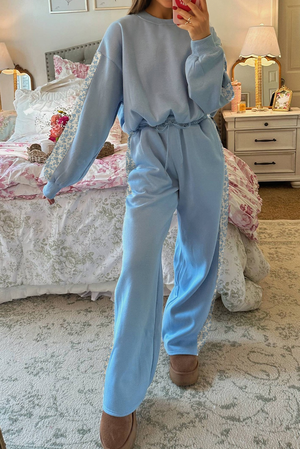 Floral Patchwork Drop Shoulder Pullover and Sweatpants Lounge Set