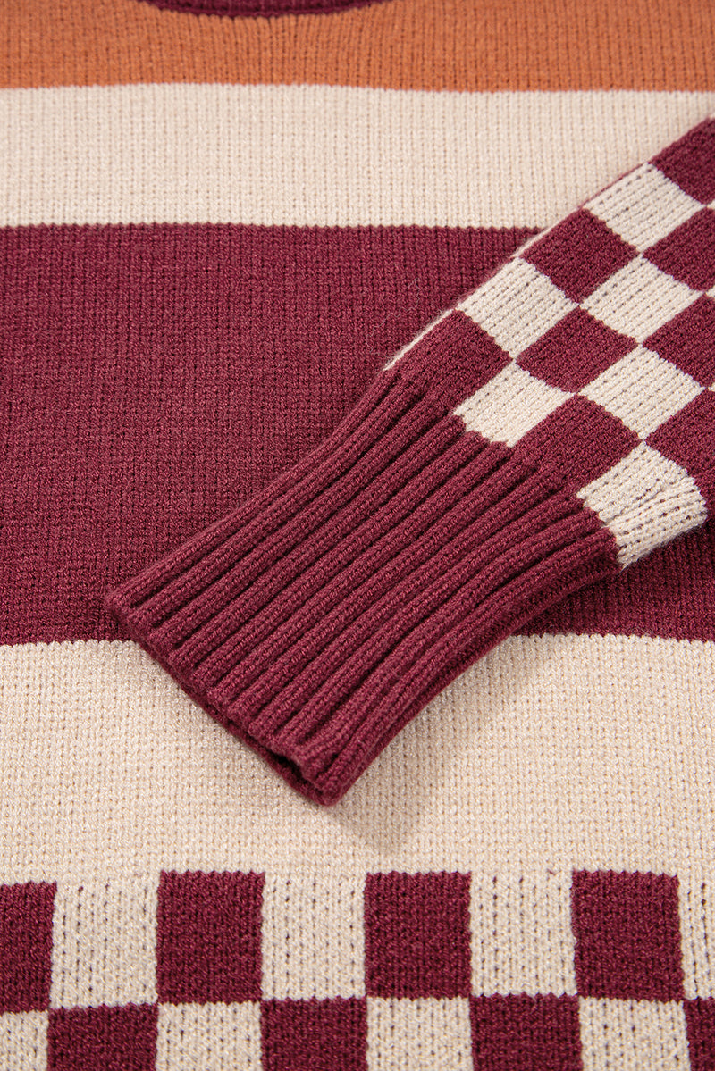 Checkered Color Block Knitted Drop Shoulder Sweater