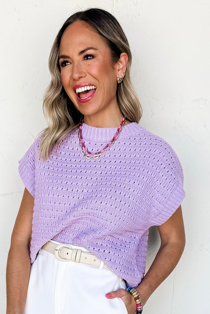 Pointelle knit Ribbed Trim Short Sleeve Sweater