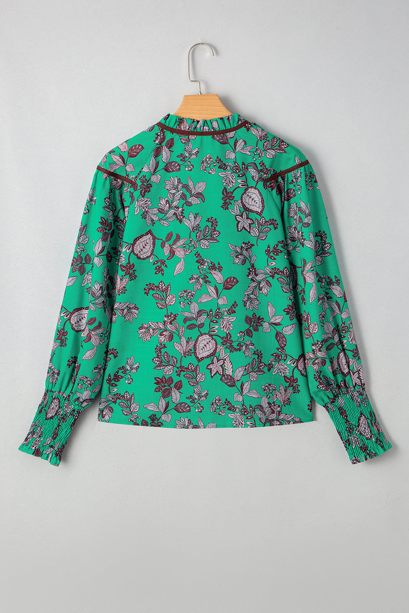 Leaves Print Contrast Trim V Neck Shirred Puff Sleeve Blouse