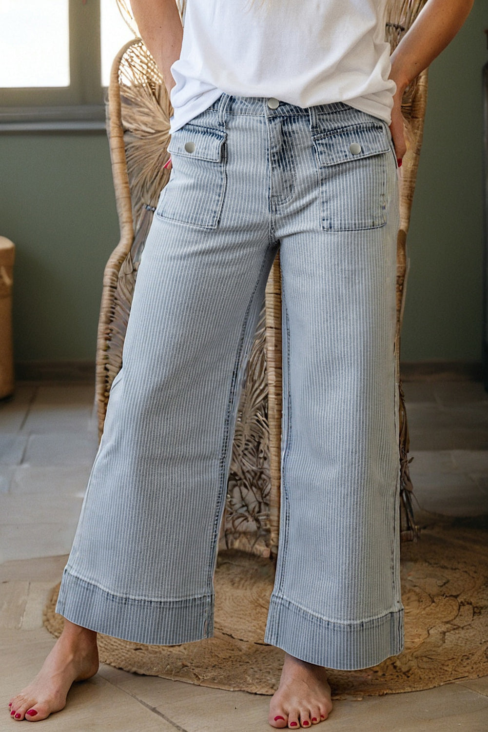 Stripe Button Flap Pocket Cuffed Hem Wide Leg Jeans